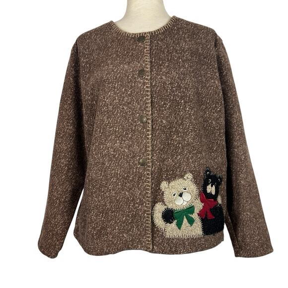 Decorated Originals Sweaters - Vintage 90s Cardigan Sweater Womens Large Brown Teddy Bear Button Cottage Cabin